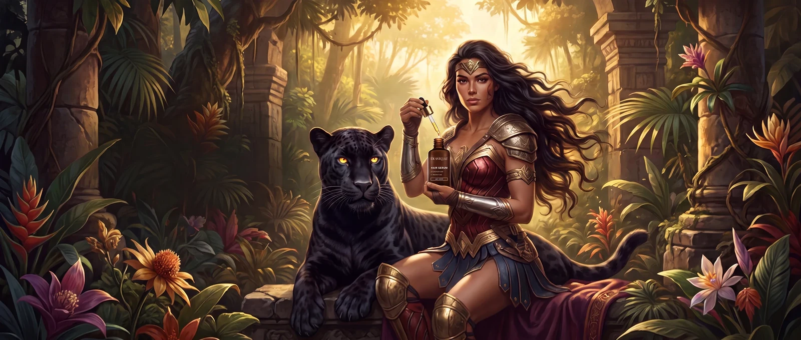 DILAN ÉCLAT Hair Serum — Kriegerin mit Serumflasche und schwarzem Panther im Dschungel